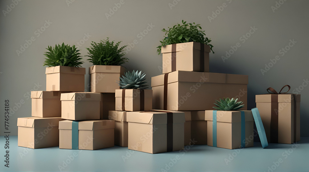 Minimal stylized simple beige cardboard boxes with brown tape, green plant in blue pot.generative.ai Minimal stylized simple beige cardboard boxes with brown tape, green plant in blue pot.generative.ai