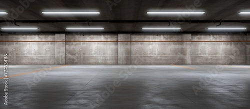 Desolate parking structure featuring concrete walls, illuminated by artificial light, displaying vivid yellow lines on the floor photo