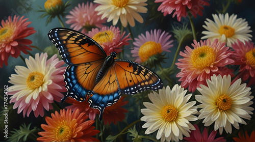 blue tropical butterflies on chrysanthemum flowers painted with oil paints.generative.ai