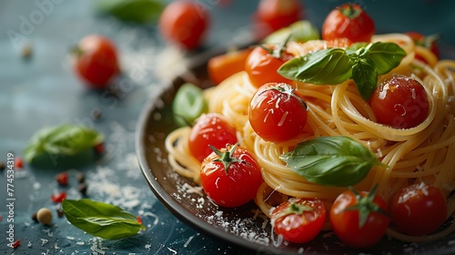 Delicate strands of angel hair pasta intertwine with plump cherry tomatoes and fresh basil leaves, creating a mouthwatering tableau of Italian cuisine. 