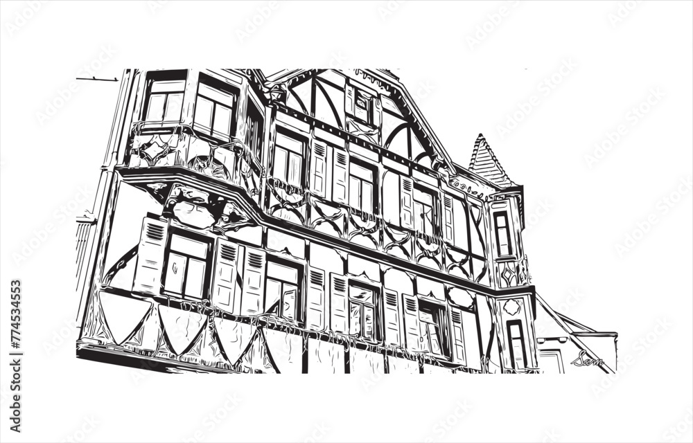 Print Building view with landmark of Reutlingen is a city in Germany. Hand drawn sketch illustration in vector.