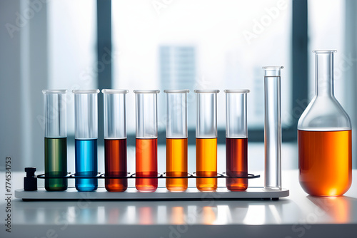 There are many medical test tube neatly arranged on the white table, laboratory environment