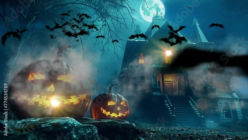 Scary Halloween pumpkins and a haunted house at night. Scary Halloween background photo