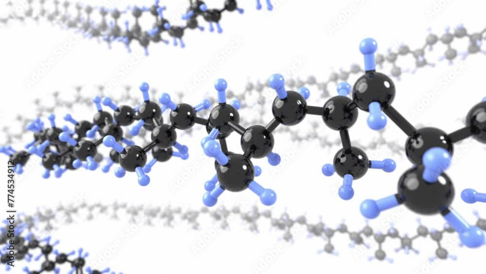 plastic polymer molecular structure 3d animation. Can be used to represent a macromolecule chemical structure, polymerization process or plastic manufacturing and recycling