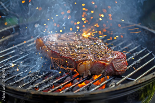 Charcoal Grilled Majesty: Angus Ribeye Steak with Sparks and Smoke Billowing