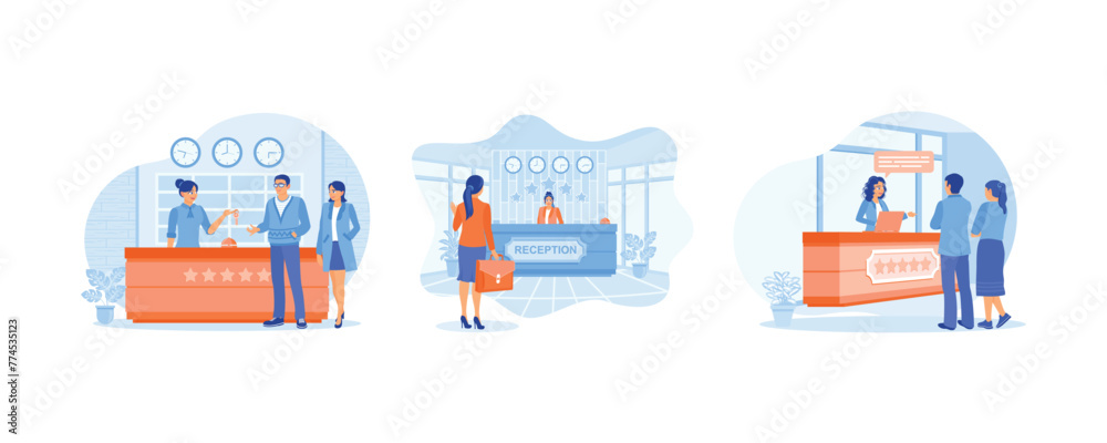 The tourist is talking to the receptionist. The receptionist serves guests in a friendly manner. Friendly hotel service. Hotel Receptionist concept. Set flat vector illustration.