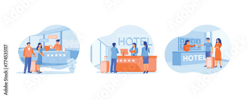 The receptionist is standing at the work desk. Tourists check in at the hotel. The receptionist gives the guest the room key. Hotel Receptionist concept. Set flat vector illustration.