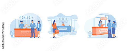 The tourist is talking to the receptionist. The receptionist serves guests in a friendly manner. Friendly hotel service. Hotel Receptionist concept. Set flat vector illustration.
