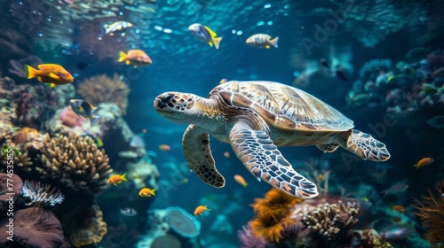 A majestic sea turtle gracefully glides through the tranquil waters surrounded by a rainbow of colorful corals and curious schools . .