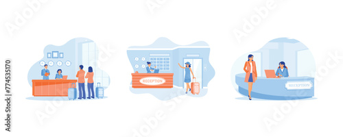 Receptionists are standing at the work desk. Guest check-in in hotel. Serve hotel customers in a friendly manner. Hotel Receptionist concept. Set flat vector illustration.