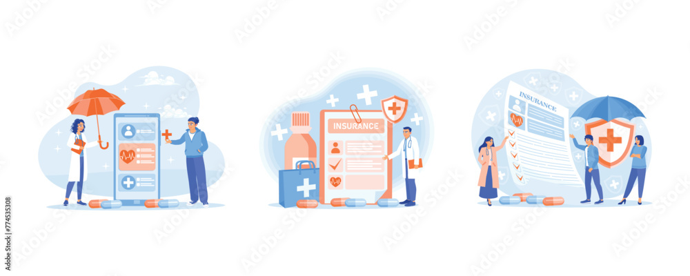 Modern healthcare and medicine.Doctors provide health services and life insurance. The patient fills out a health insurance contract. Health Insurance concept. Set flat vector illustration. Modern healthcare and medicine.Doctors provide health services and life insurance. The patient fills out a health insurance contract. Health Insurance concept. Set flat vector illustration.