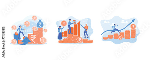 Business people walking on an increasing graph. People work to increase income. Improve performance to achieve business targets. Business Growth concept. Set flat vector illustration.