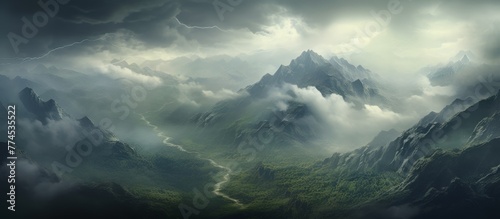 A scenic view of majestic mountains with a river flowing through them, set under a dramatic cloudy sky
