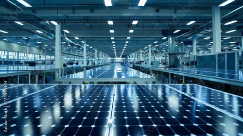 A panoramic shot of a solar panel manufacturing plant with rows upon rows of shiny hightech equipment buzzing with activity as they . .