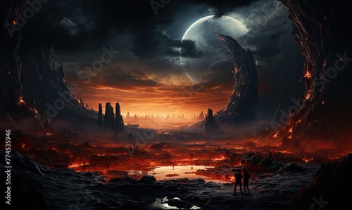 A fantastical scene with onlookers gazing at a swirling vortex above a fiery volcanic landscape under a moonlit sky.