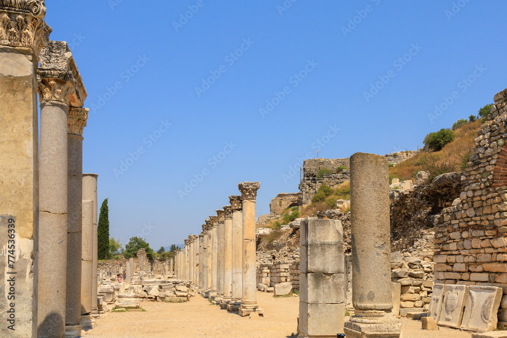 Ruins of ancient columns. Background with selective focus and copy space