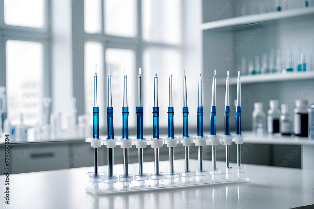 There are many medical test tube neatly arranged on the white table, chandelier laboratory environment There are many medical test tube neatly arranged on the white table, chandelier laboratory environment