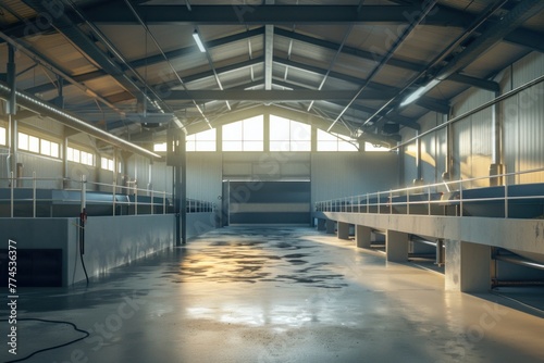 Large empty modern industrial building interior with concrete floor and large open door at the end of the building letting in bright light