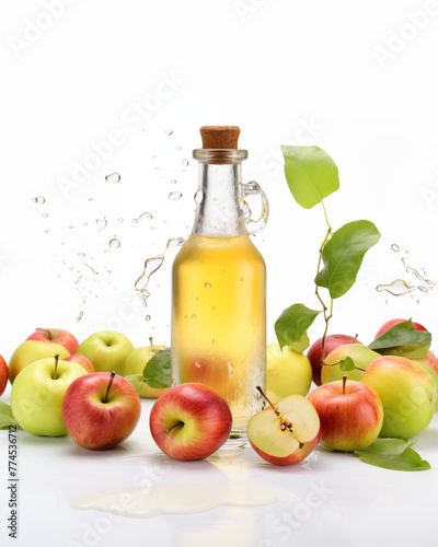 Apple cider vinegar or juice in glass bottle, fresh apples and splashes on isolated white background. Agricultural fermented product. Fruit beverage, autumn food, natural remedies.