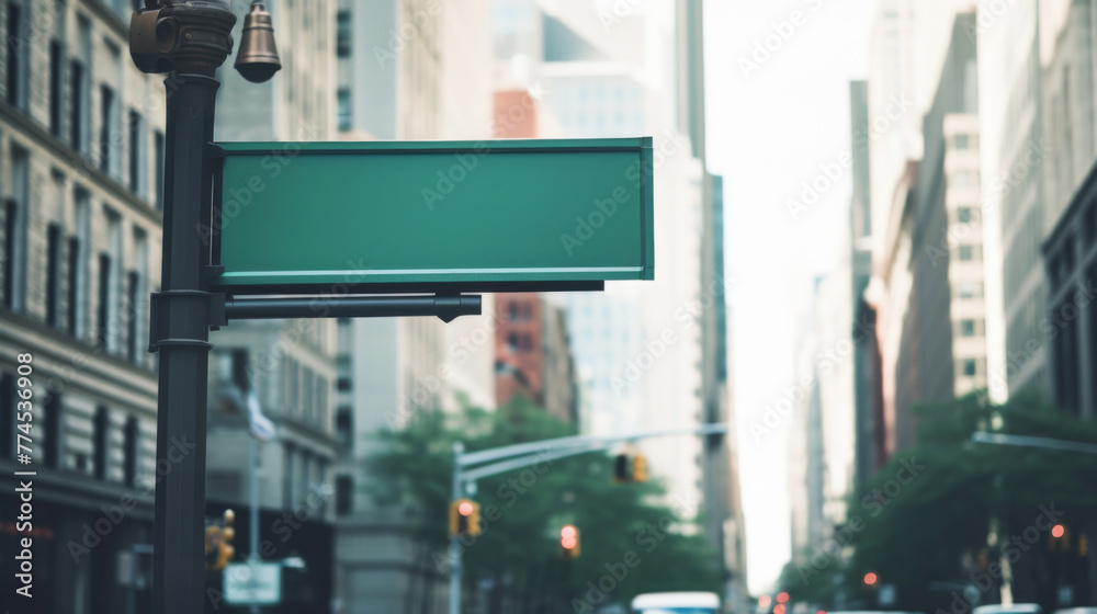 Blank green street sign in the city ready for custom text Blank green street sign in the city ready for custom text