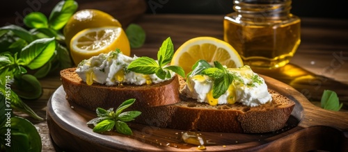 A white plate is displayed with slices of fresh bread and vibrant yellow lemon wedges