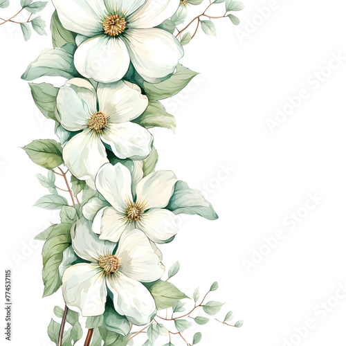 Dogwood flower border. Watercolor botanical banner for the design of invitations, cards, congratulations, announcements, sales, stationery, sharp outline.