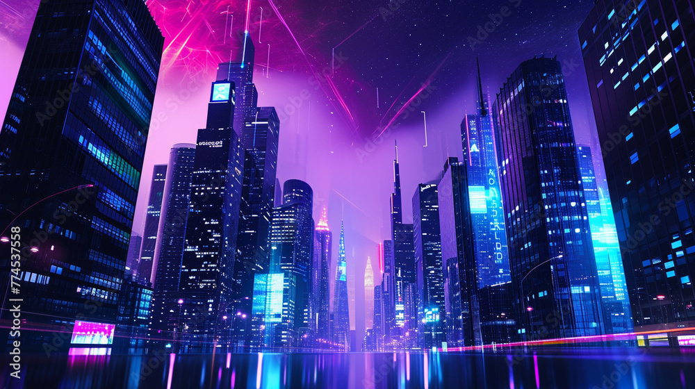 Modern urban architecture, cityscape with space and neon light effect. Generative Ai