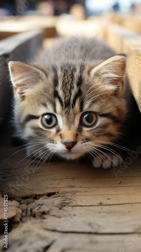 Young Tabby Kitten Lying on Wooden Surface