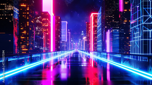 Modern urban architecture, cityscape with space and neon light effect. Generative Ai