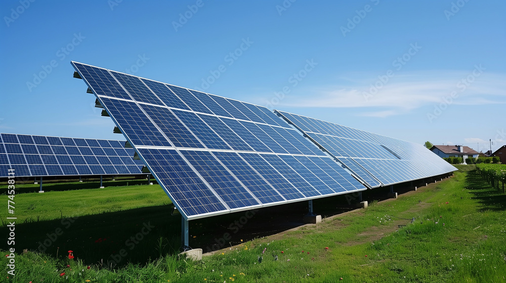 A row of solar panels are lined up in a field. The panels are blue and are facing the sun A row of solar panels are lined up in a field. The panels are blue and are facing the sun