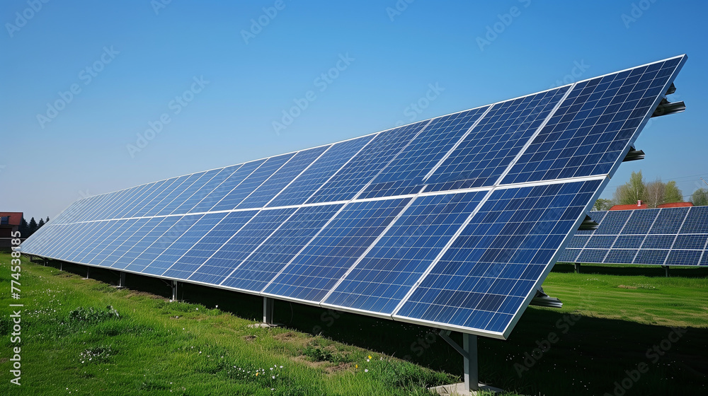 A row of solar panels are lined up in a field. The panels are blue and are facing the sun