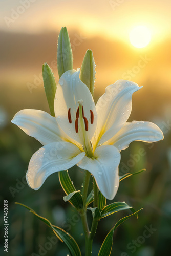 White lily flower blossom in the mist and fog, vertical background
