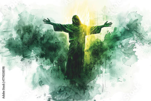 Green watercolor of Jesus Christ ascending to heaven with glowing light