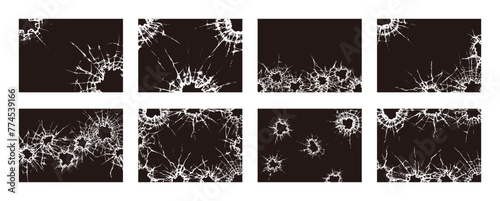 Broken glass cracked bullet hole, on black background vector illustration set photo