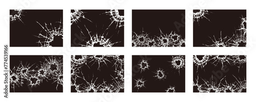 Broken glass cracked bullet hole, on black background vector illustration set