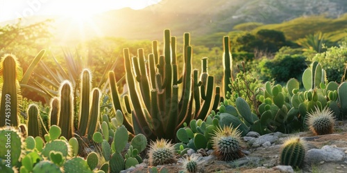 Stunning Photo of Diverse Cactuses and Desert Flora in a Beautiful Sunset Setting, Capturing the Unique Ecosystem of Arid Regions