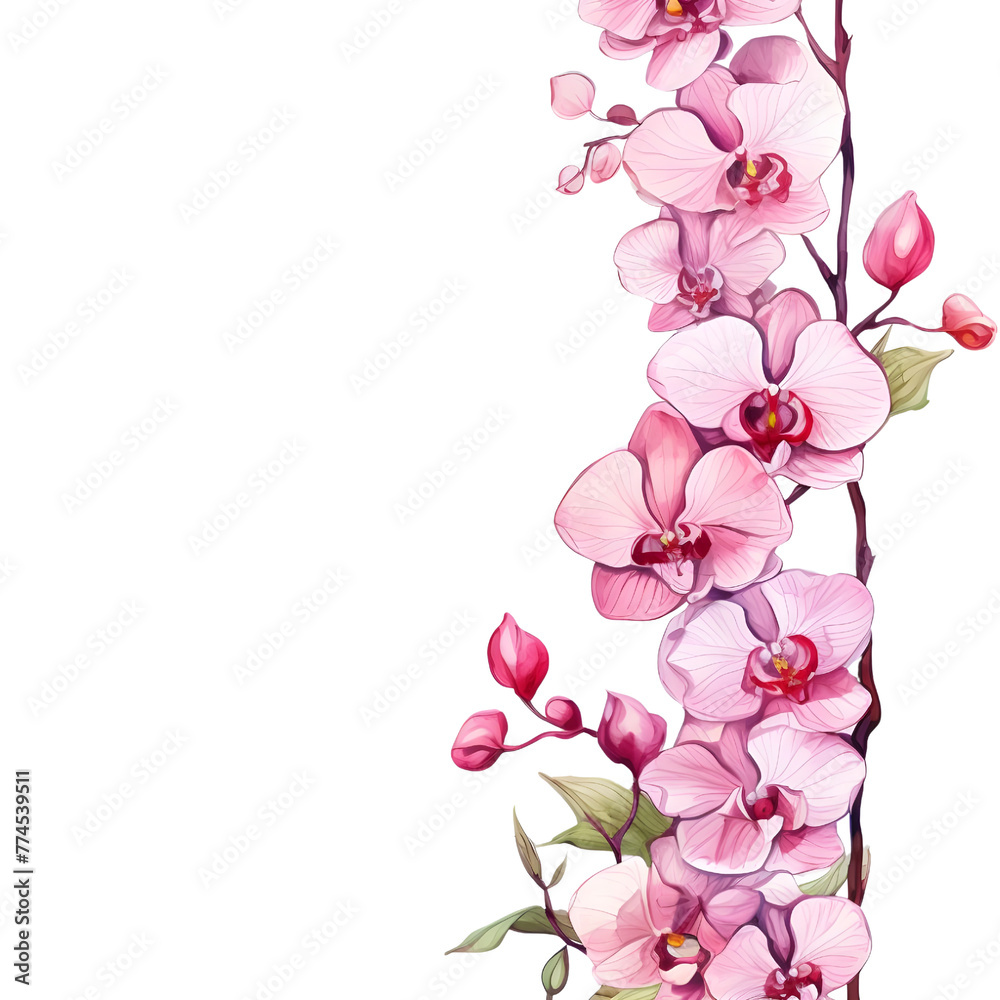 Fototapeta premium Orchid vertical border. Watercolor botanical banner for the design of invitations, cards, congratulations, announcements, sales, stationery, sharp outline