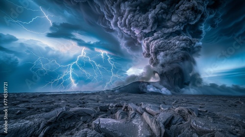 A landscape transformed by the power of a volcanic eruption with lightning strikes creating a stark contrast against the dark clouds and ashfilled air. photo