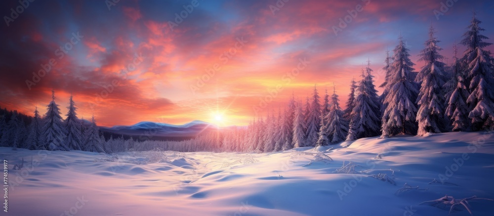 The sun setting behind the majestic snow-covered mountains, painting the sky in warm colors as it illuminates the trees below.