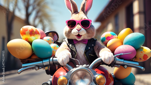 Easter bunny driving a colourful motorcycle delivering eggs, photo
