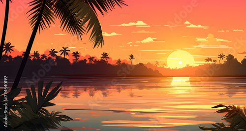 an illustration of palm trees at sunset reflecting the ocean