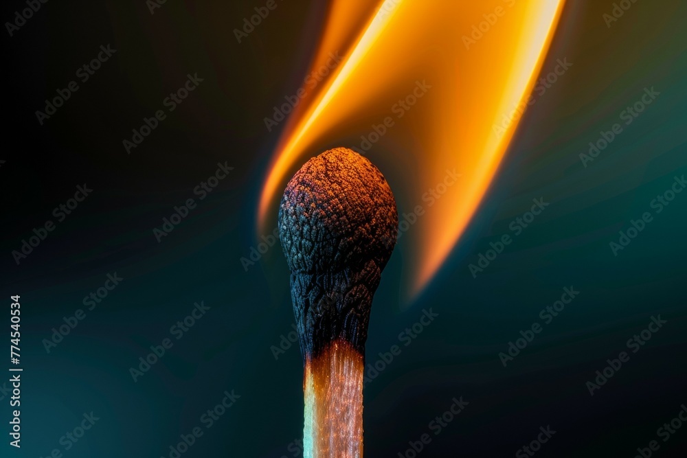 A matchstick is lit and the flame is very close to the match head A matchstick is lit and the flame is very close to the match head