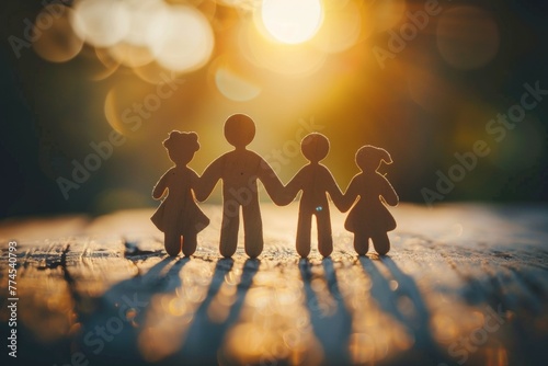 A family of four is holding hands in a silhouette