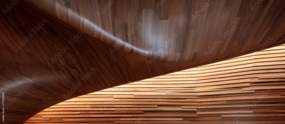 A room features a wooden ceiling with curved walls and a curved ceiling creating a unique architectural design