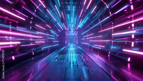 Abstract  neon  lights  into  digital  technology  tunnel