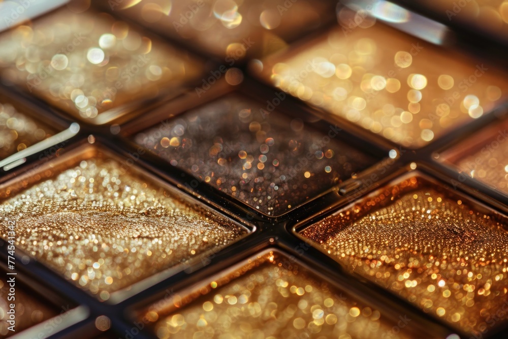 Golden eyeshadow palette with various shades of gold and brown colors, perfect for creating glamorous eye makeup looks. Golden eyeshadow palette with various shades of gold and brown colors, perfect for creating glamorous eye makeup looks.