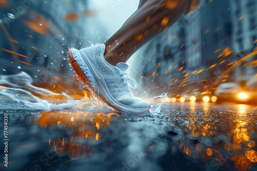 A person running in the rain with their feet splashing water. Running in an urban environment in any weather photo