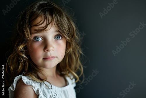 Portrait of a beautiful little girl with blond curly hair and blue eyes