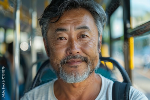 A man travels on public transport from work. Background with selective focus and copy space