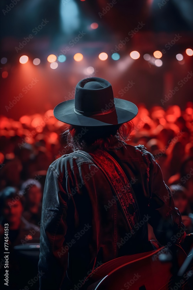 country singer facing crowd, wearing a hat, people, concert, entertainment, free time, scene